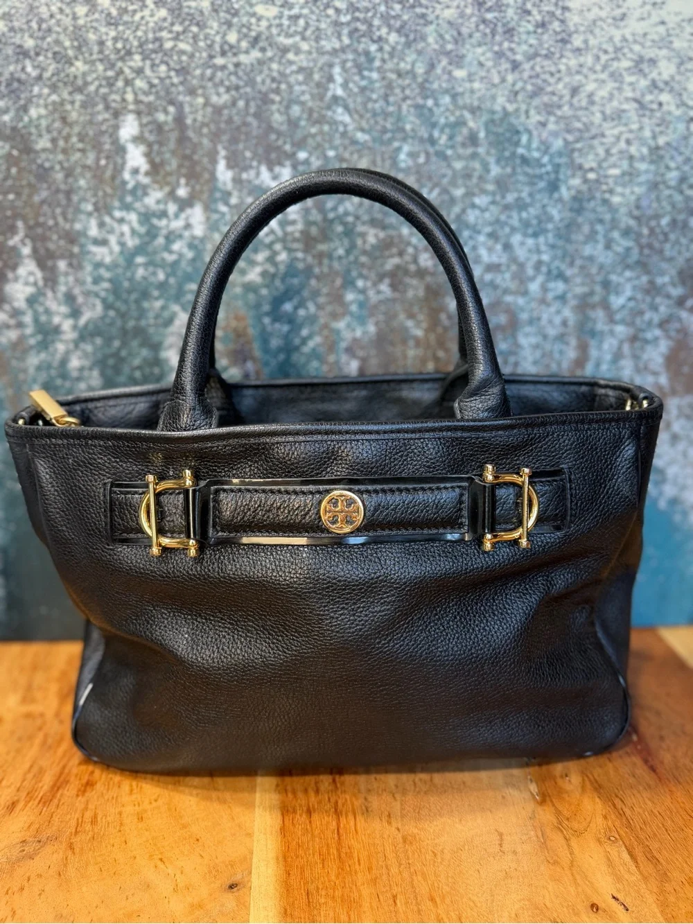 Tory Burch Classic Jaden Horsebit Black Pebbled Leather Satchel